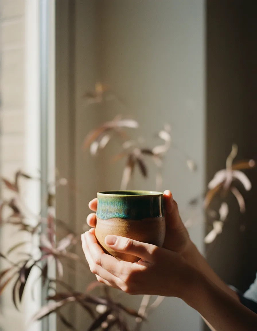 A serene, quiet moment showing hands holding a warm mug, reflecting a desire for calm and intention.