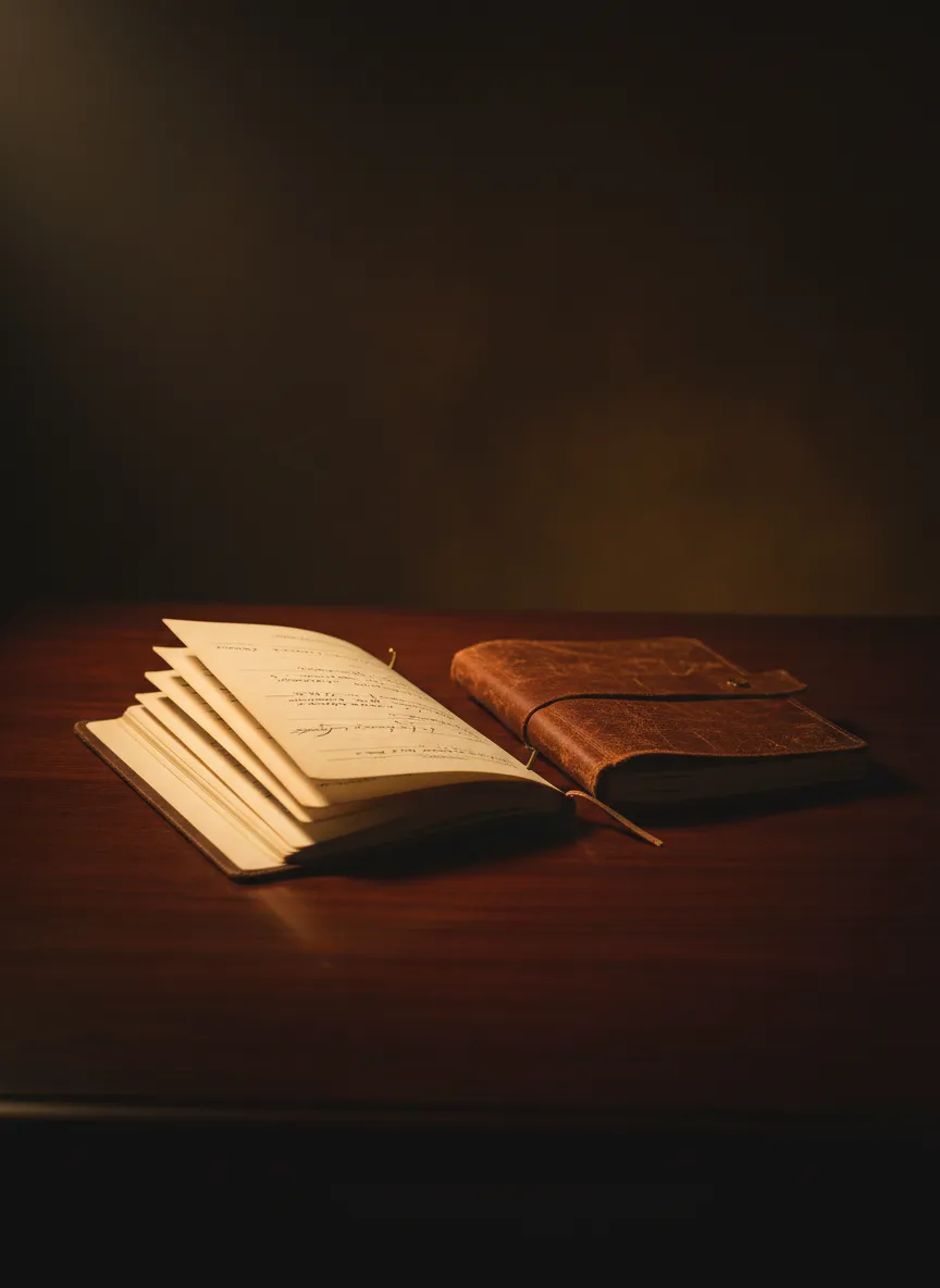 A classic cinematic film script and actor's notebook sitting in soft, warm studio lighting