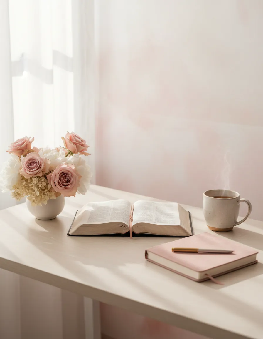 Calm feminine workspace with Bible, journal, and soft florals