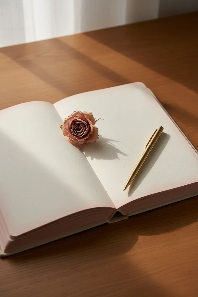 A delicate botanical element resting on a journal, symbolizing peaceful reflection.