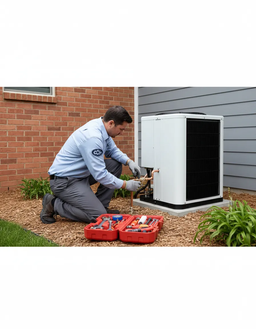 Professional HVAC installation of an outdoor condenser unit