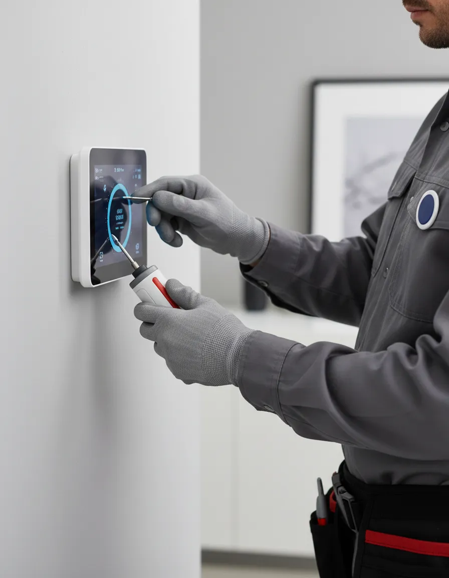 Certified HVAC technician examining a smart thermostat