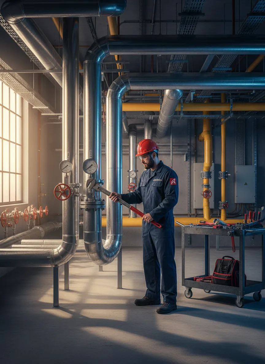 Commercial plumber working on industrial mechanical room piping