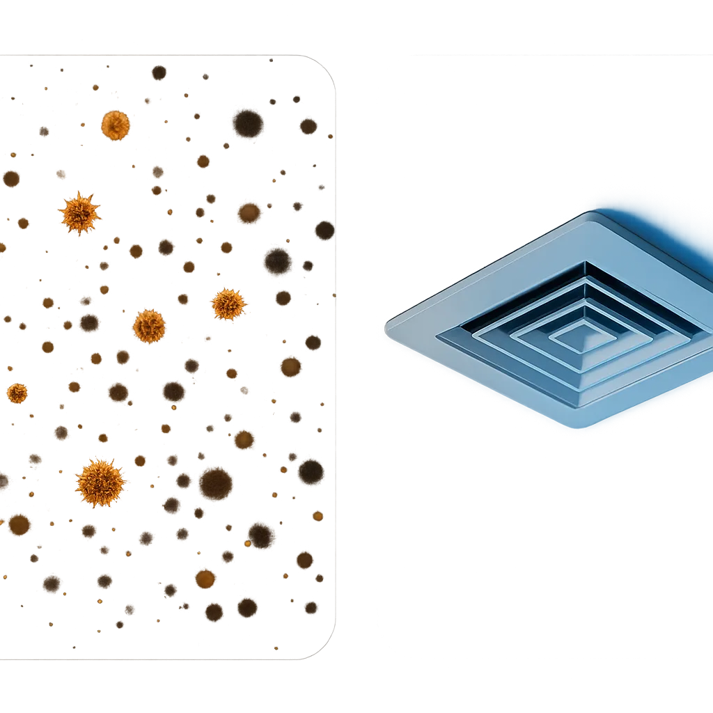 Composite visualization showing microscopic dust and pollen particles contrasted against a clean, modern air vent