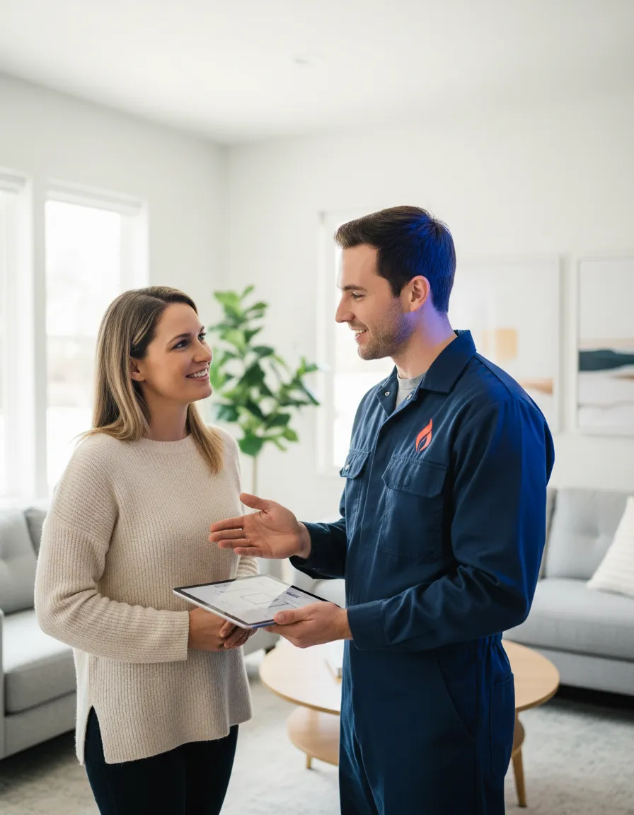Friendly local technician discussing options with a homeowner