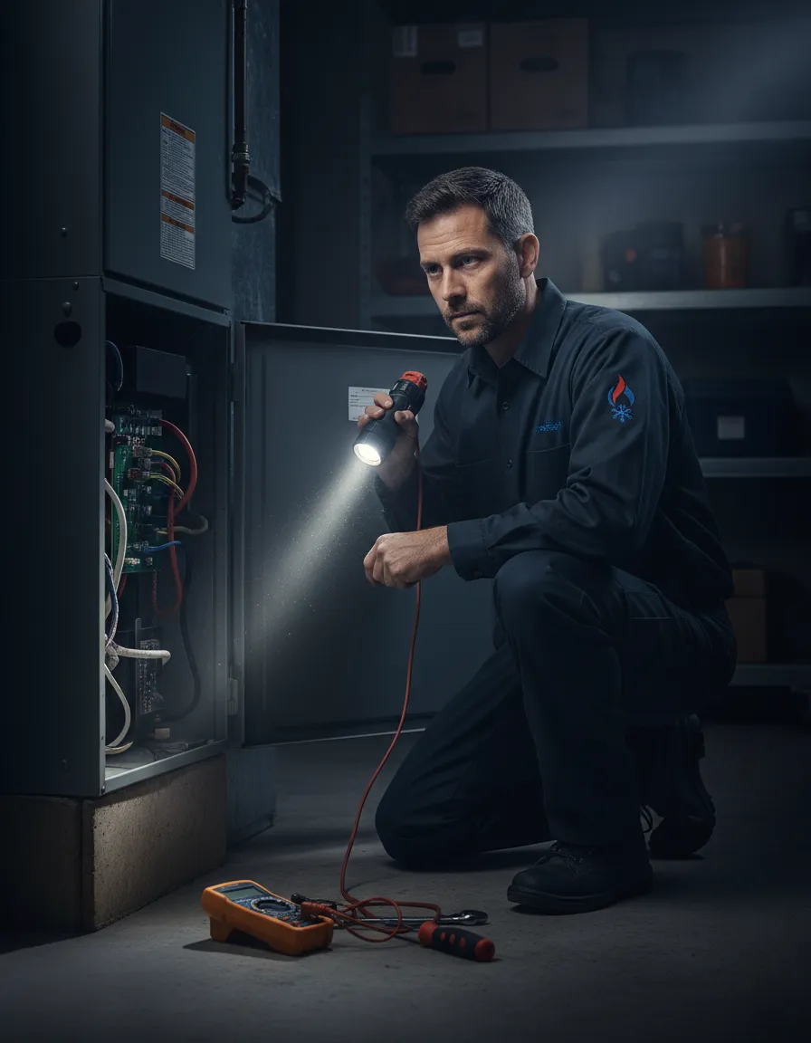 HVAC emergency repair technician assessing a system