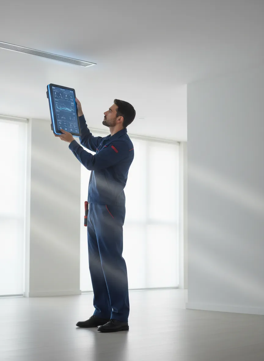 HVAC technician holding a diagnostic tool checking indoor air quality