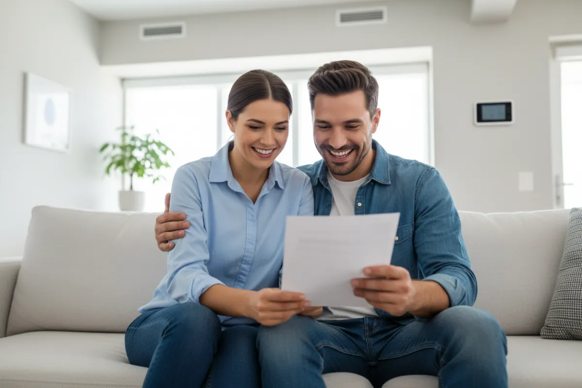Happy couple looking at a laptop