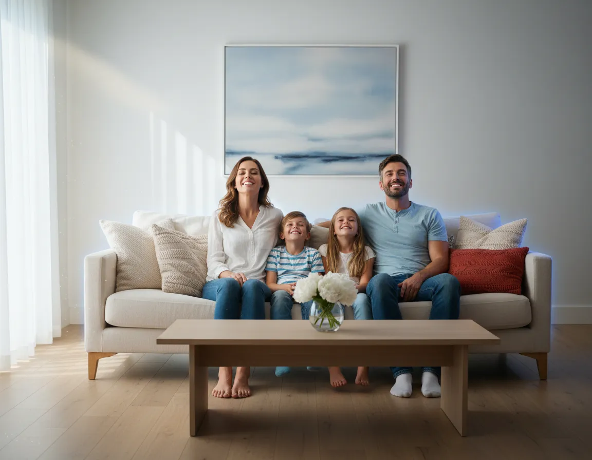 A healthy family breathing clean air indoors without allergy symptoms
