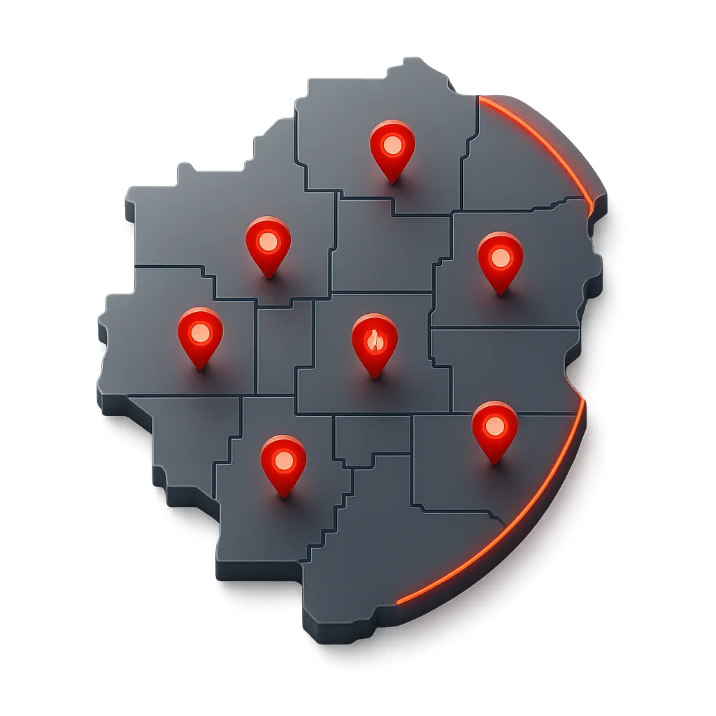 Service area map showing HVAC and plumbing coverage radius
