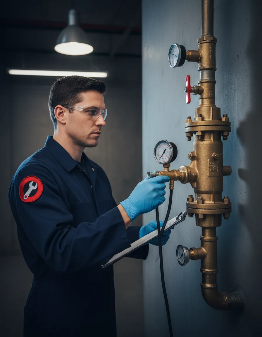 Commercial plumbing compliance inspection and backflow prevention check
