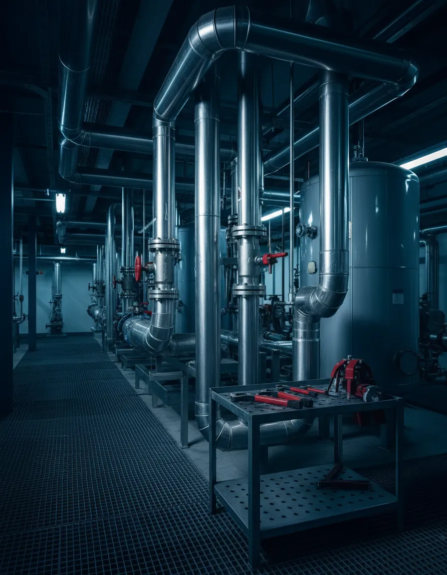 Commercial plumbing infrastructure showing complex piping and valves
