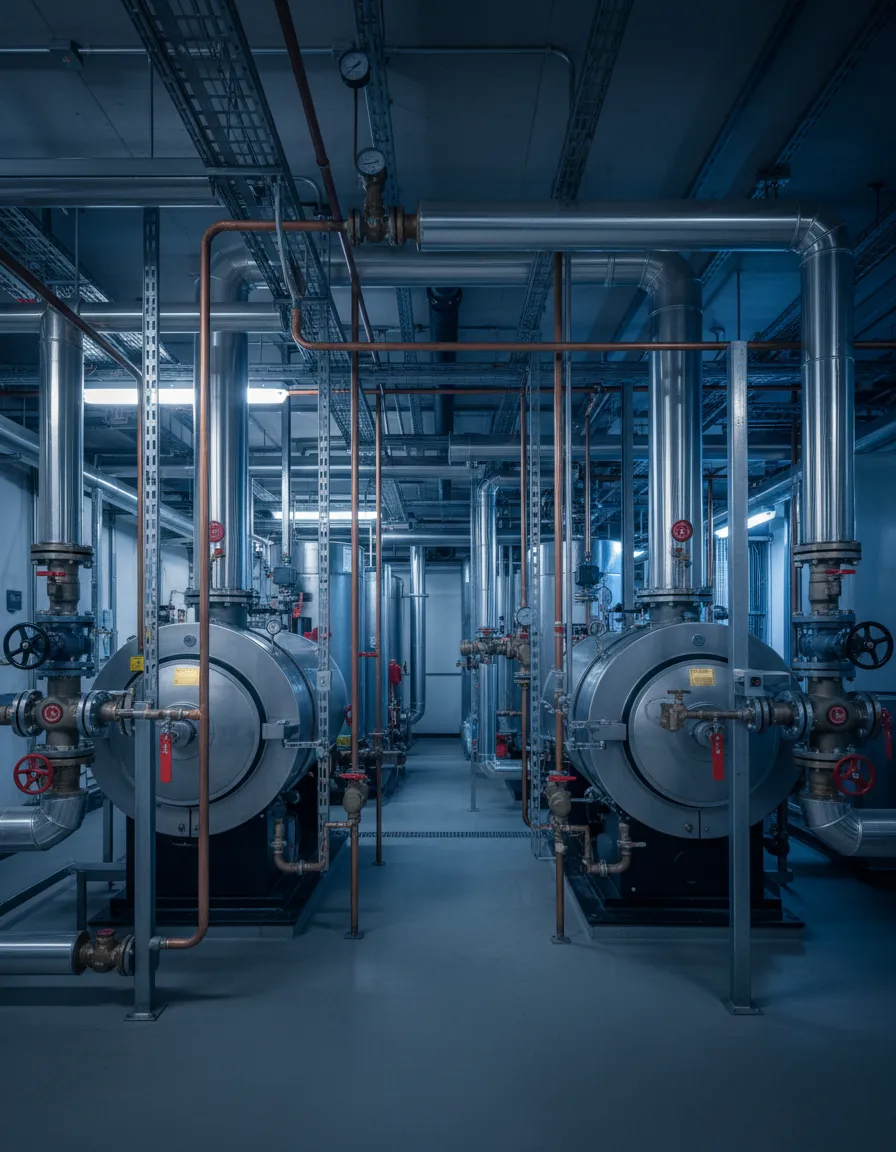 Industrial mechanical room showing well-maintained boilers and piping infrastructure
