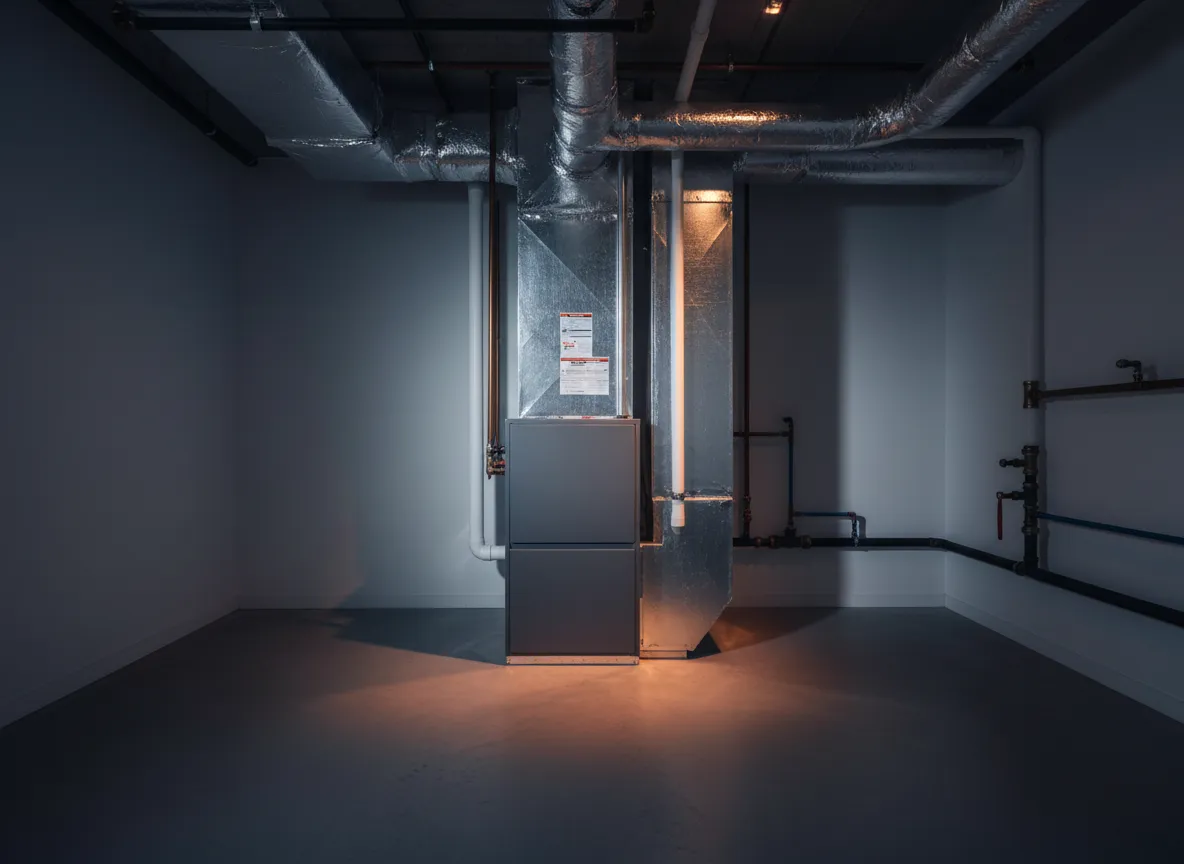 High-efficiency furnace installation in a clean residential utility room