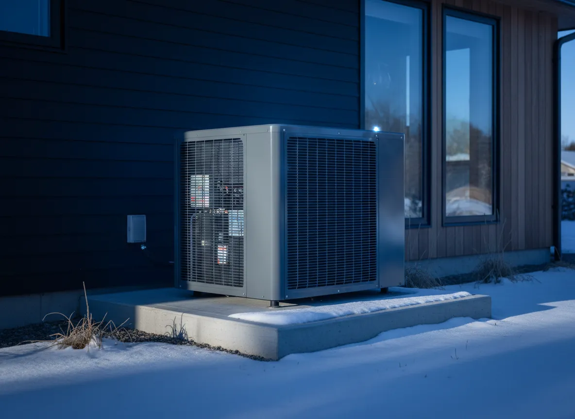 Modern outdoor heat pump unit providing energy-efficient climate control