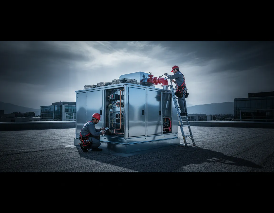 Commercial rooftop HVAC unit installation and diagnostics on a facility roof