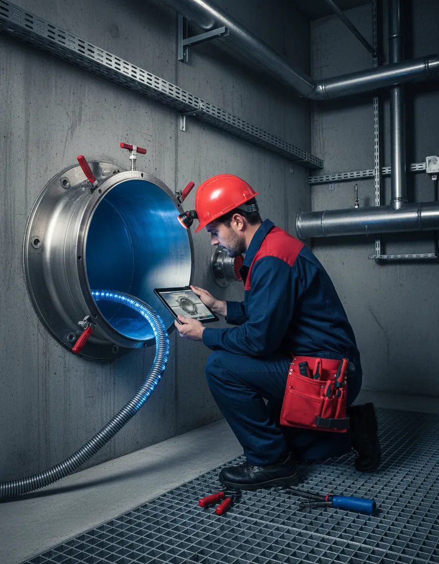 Professional plumber inspecting commercial plumbing infrastructure