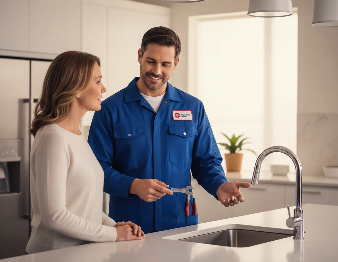 Experienced plumbing technician advising a customer on honest repairs