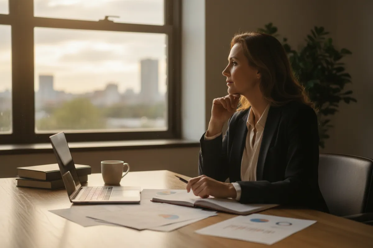 A candid moment of a woman executive, early 50s, sitting at her desk in a softly lit office, looking thoughtfully out the window. Papers and a laptop are visible, symbolizing responsibility. The atmosphere is contemplative, with a sense of hope and resolve. The style is documentary, using natural light.