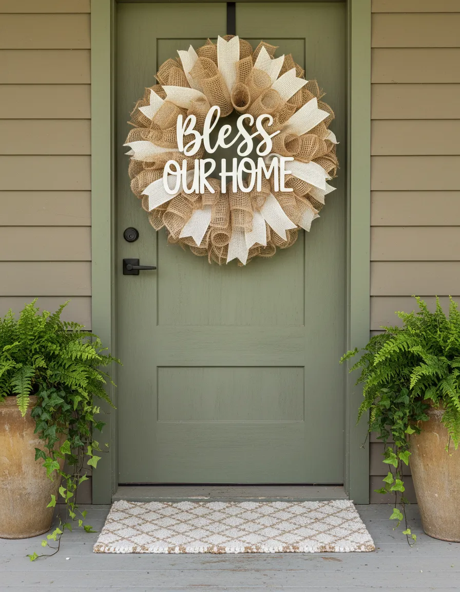 Front door wreath styled on farmhouse door