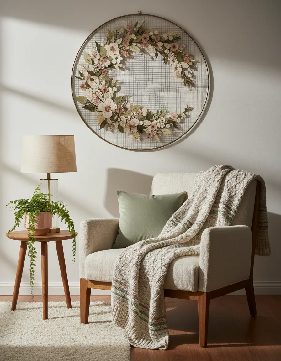 Wall art floral mesh piece in living room