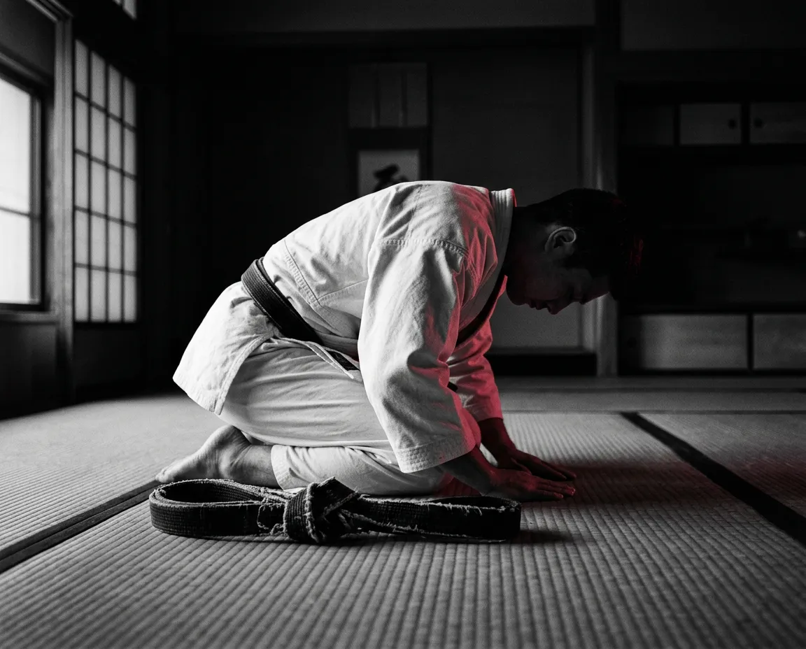 Traditional karate student bowing on dojo tatami mat with black belt tied