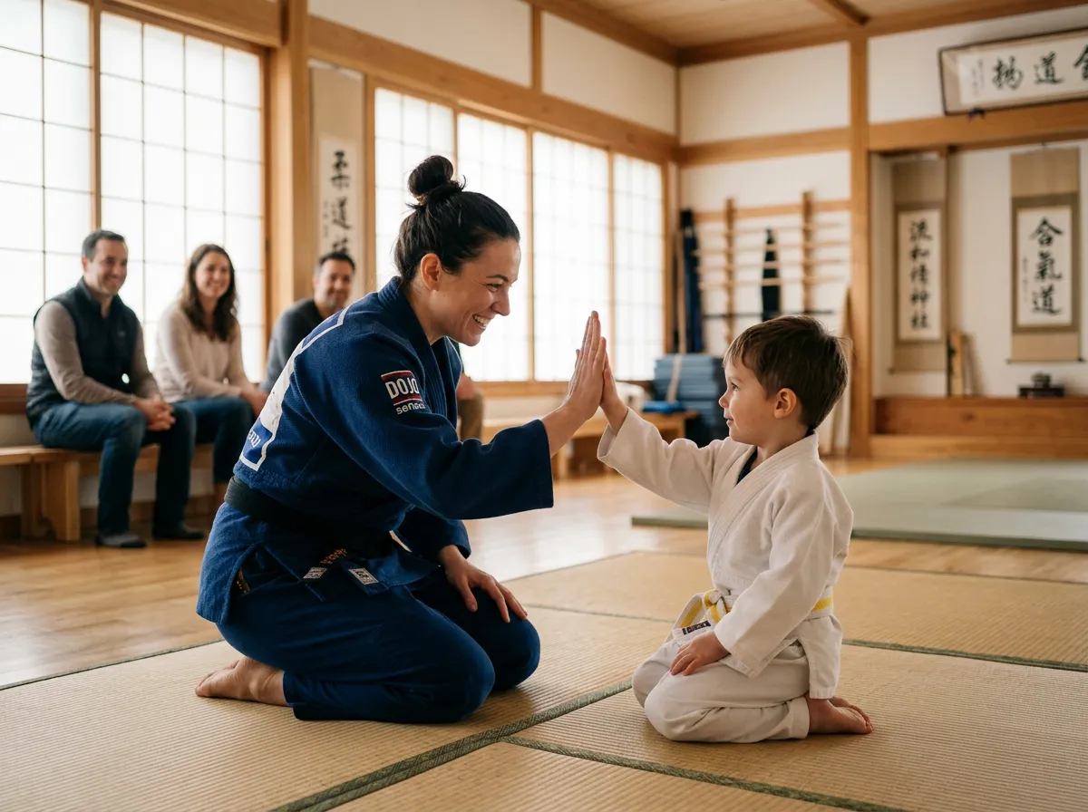 Sensei Vic kneeling and high-fiving a shy 4-year-old in a welcoming Toronto dojo