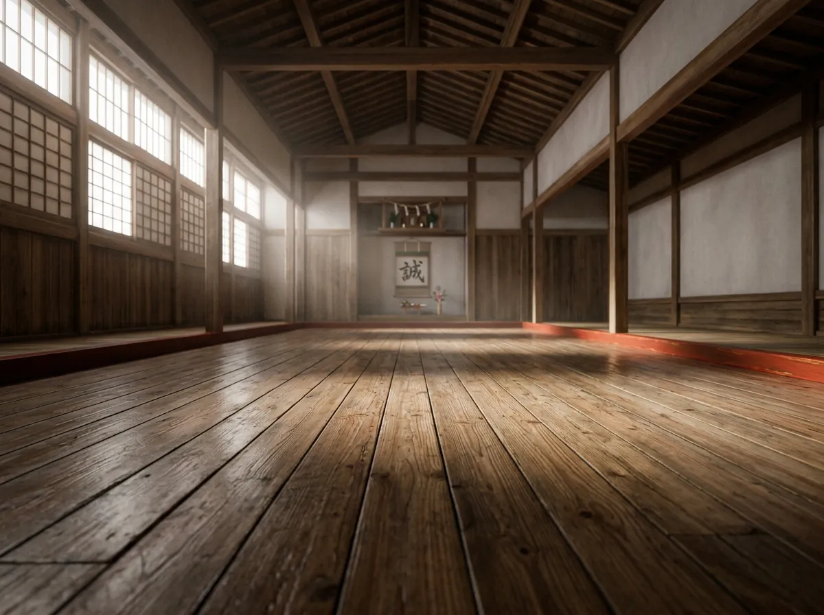 Atmospheric wooden dojo training floor in quiet morning light symbolizing focused discipline