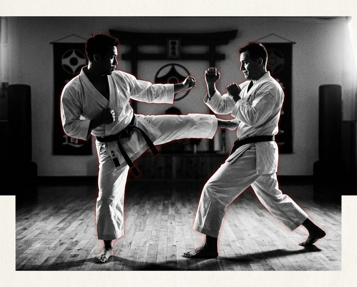 Advanced karate practitioners sparring and training in black and white photography