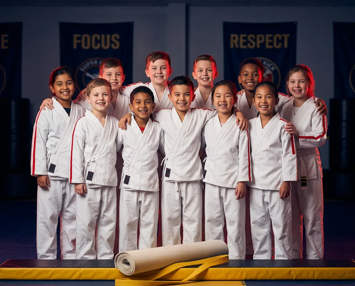 Kids in white karate gis training together on dojo mats with Focus and Respect banners in background