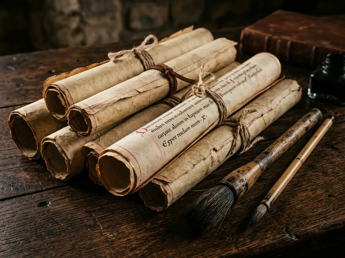 Traditional Japanese martial arts scrolls and calligraphy depicting classical martial arts lineage