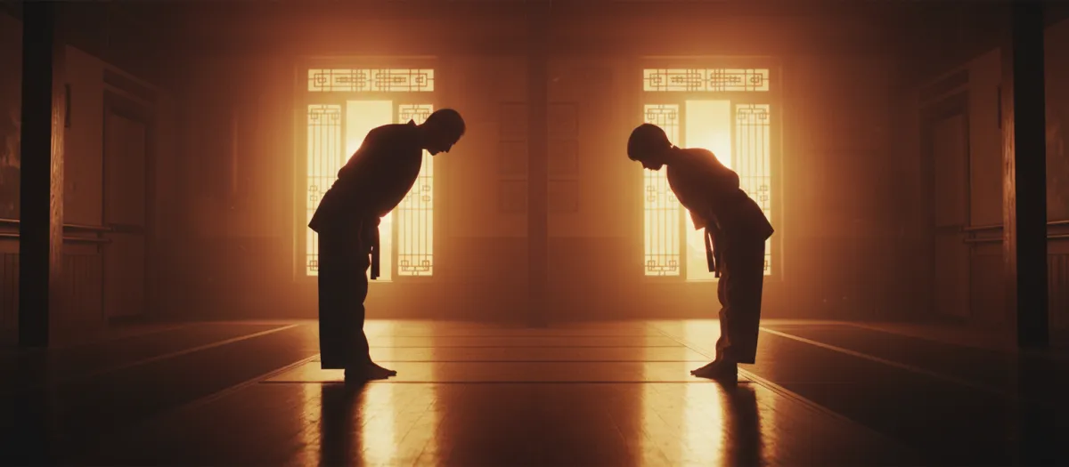 Sensei Vic training one-on-one with a student in a cinematic, dark-mode dojo setting