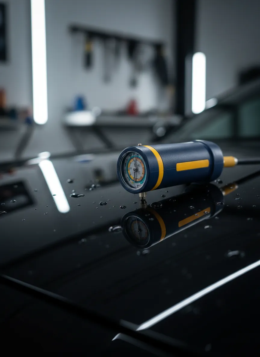 Technician using a paint depth gauge under bright LEDs