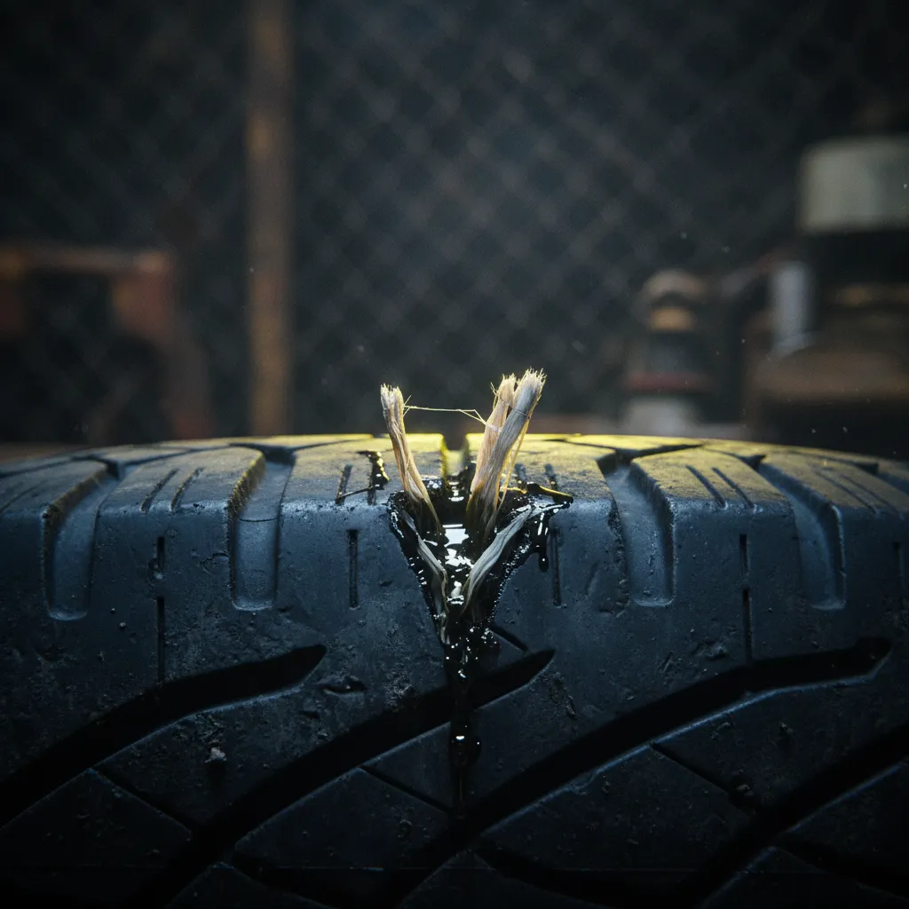 Close up of a failed temporary tire string plug repair