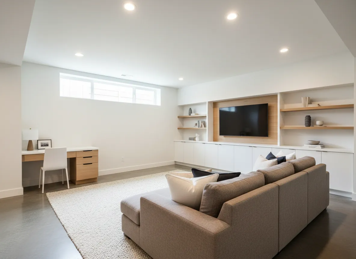 Finished basement living space with seating and natural light
