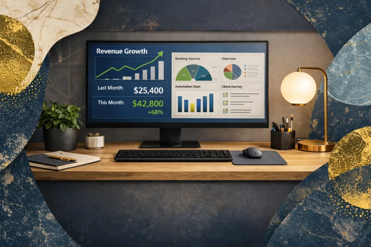 Strategic planning desk setup with revenue monitor