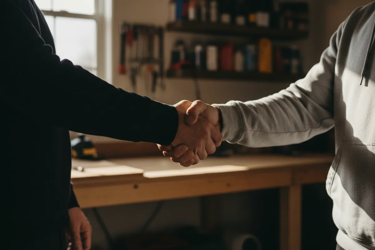 Close-up of people shaking hands inside a garage; man wearing a black long sleeve shirt
