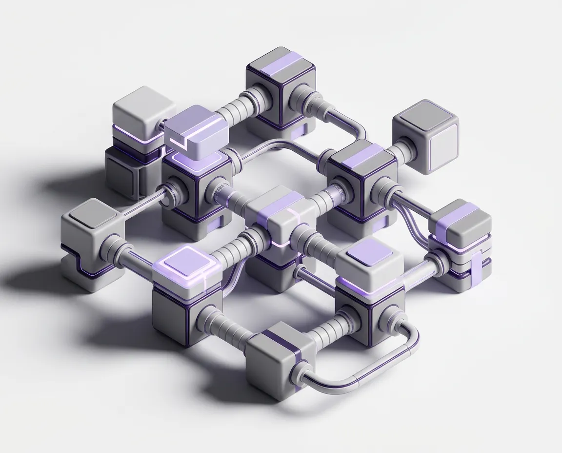 Abstract 3D visualization of adaptable system architecture showing modular nodes and flexible workflow connections