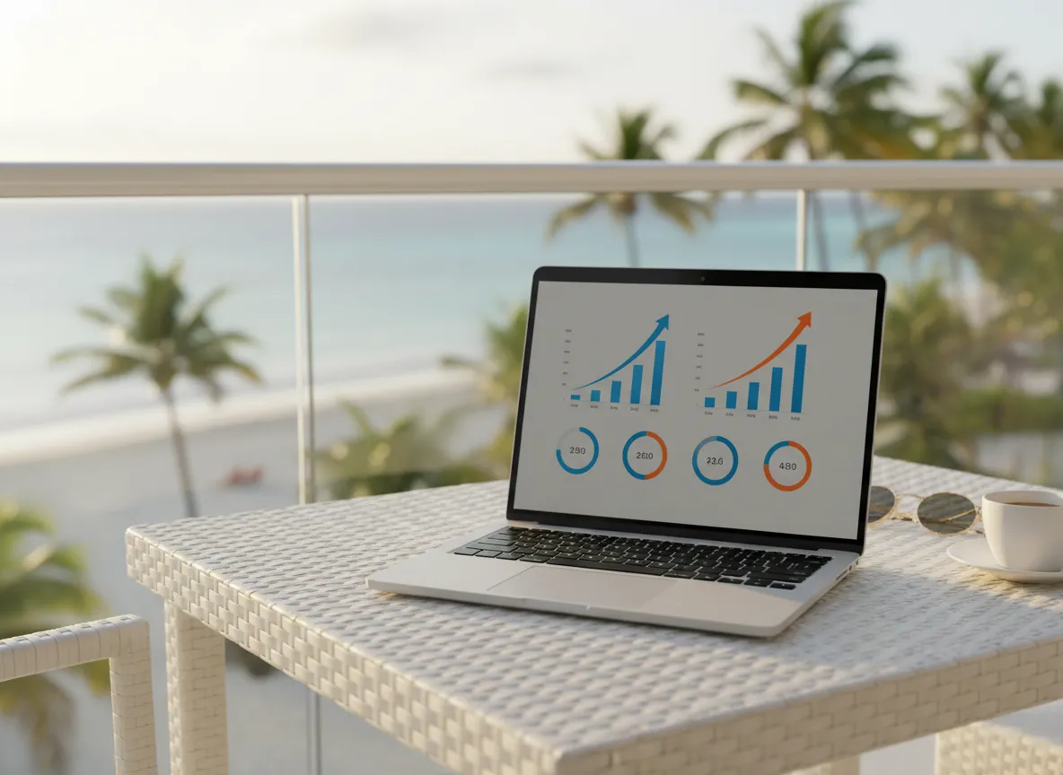 Beach scene with laptop and revenue overlay