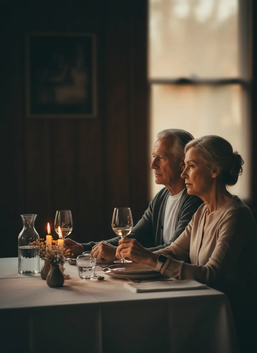 A soft-focus, candid portrait of an older couple looking slightly disconnected at a dinner setting, conveying a sense of emotional distance caused by hearing loss.