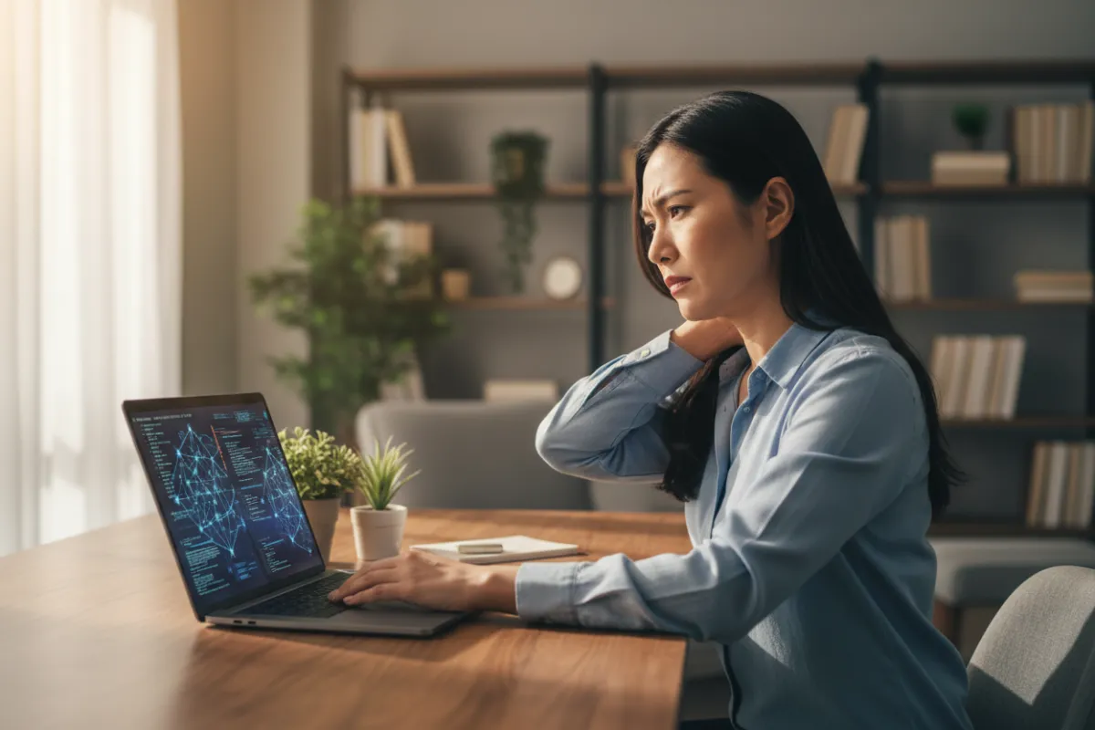Landscape (4:3) photorealistic photo of an Asian entrepreneur mid-shot, body facing left, slight frustration with a small hand-to-neck or tense expression, working on AI in an office/home workspace with natural lighting and neutral tones, no text or logos, cropped for landscape section background.