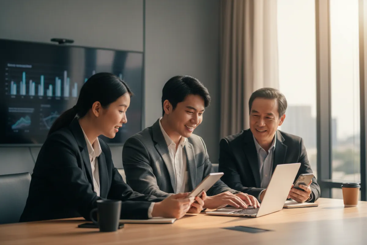 Landscape 3:2 photorealistic medium-wide meeting-room photo of 1–2 Asian entrepreneurs and one Asian coach engaged with AI tools (laptop, tablet); warm natural lighting, professional candid composition, bodies facing right, subjects looking at devices, high resolution, shallow depth of field, no logos or text overlays