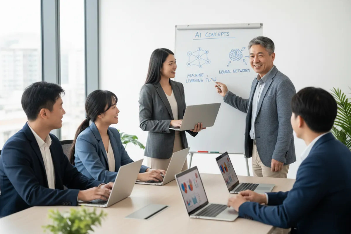 Photorealistic 3:2 image of up to four Asian participants (Chinese, Malay, Indian) and an Asian coach in a modern meeting room; all participants and coach are clearly Asian and using laptops. The coach stands at right presenting at a whiteboard showing a generic AI lesson with simple, non-branded diagrams and labels (e.g., 'What is AI', 'Data → Model → Prediction', examples like 'text summarization' and 'classification'). Ensure visible racial variety among participants and coach, and avoid any non-Asian or ambiguous ethnic appearances.