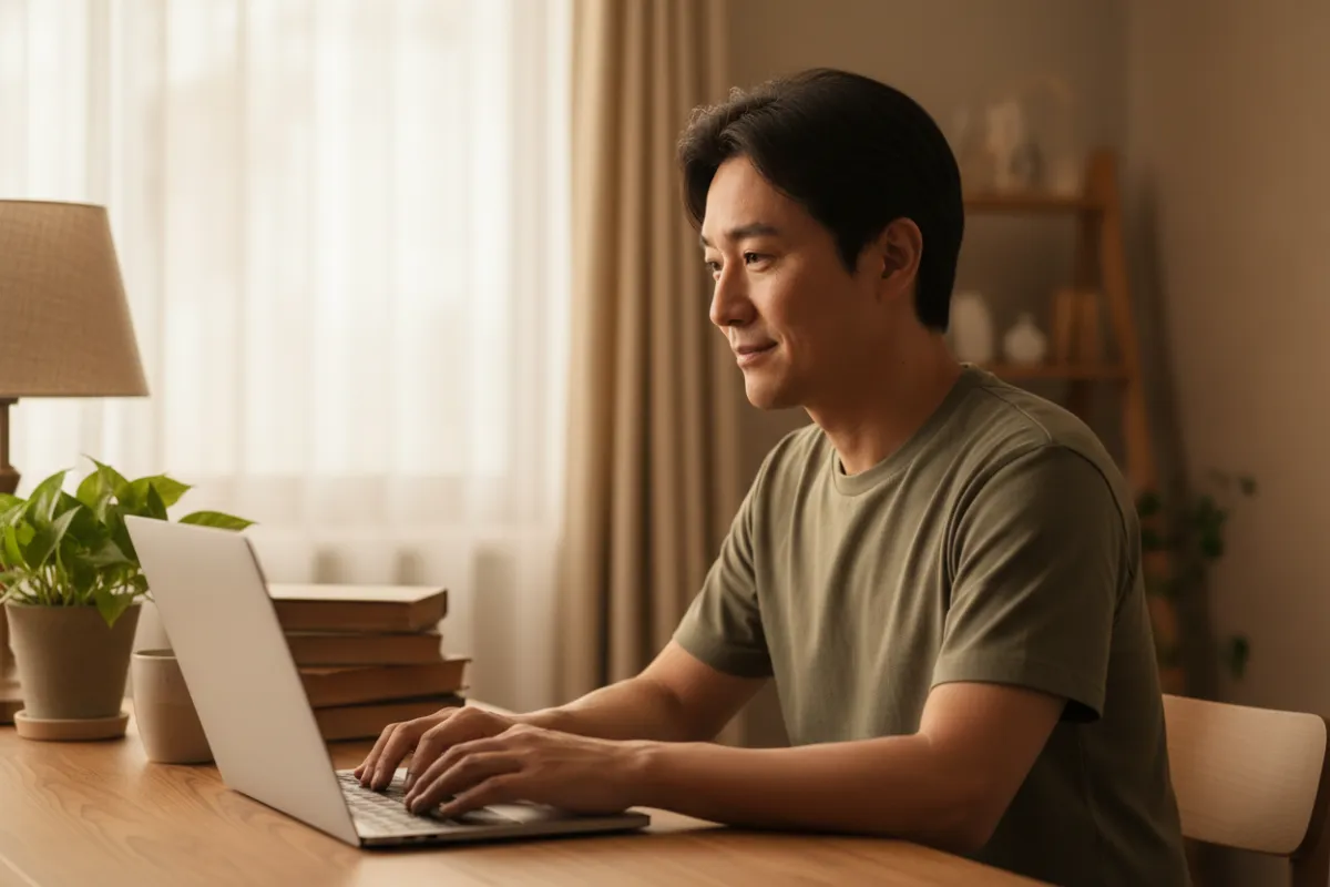 Warm photorealistic 3:2 landscape photo of an Asian adult in a natural home working environment, wearing a casual tee, working on a normal laptop with only the back of the laptop visible; torso angled about 10° left of camera; warm natural lighting; satisfied, determined, focused expression; no visible laptop screen or AI interface.