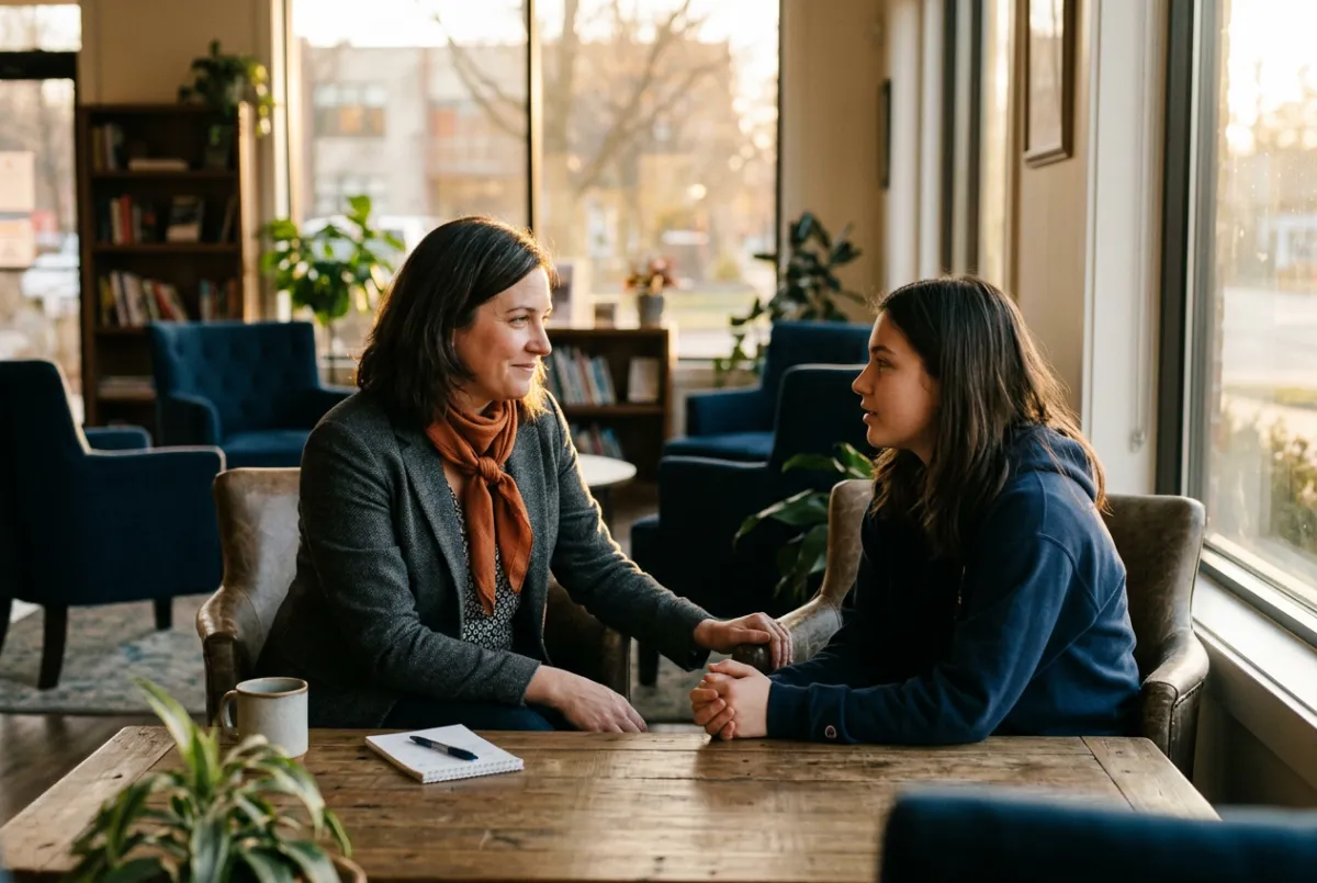Lisa having an authentic connection with a young client during a personal guidance session in warm golden light