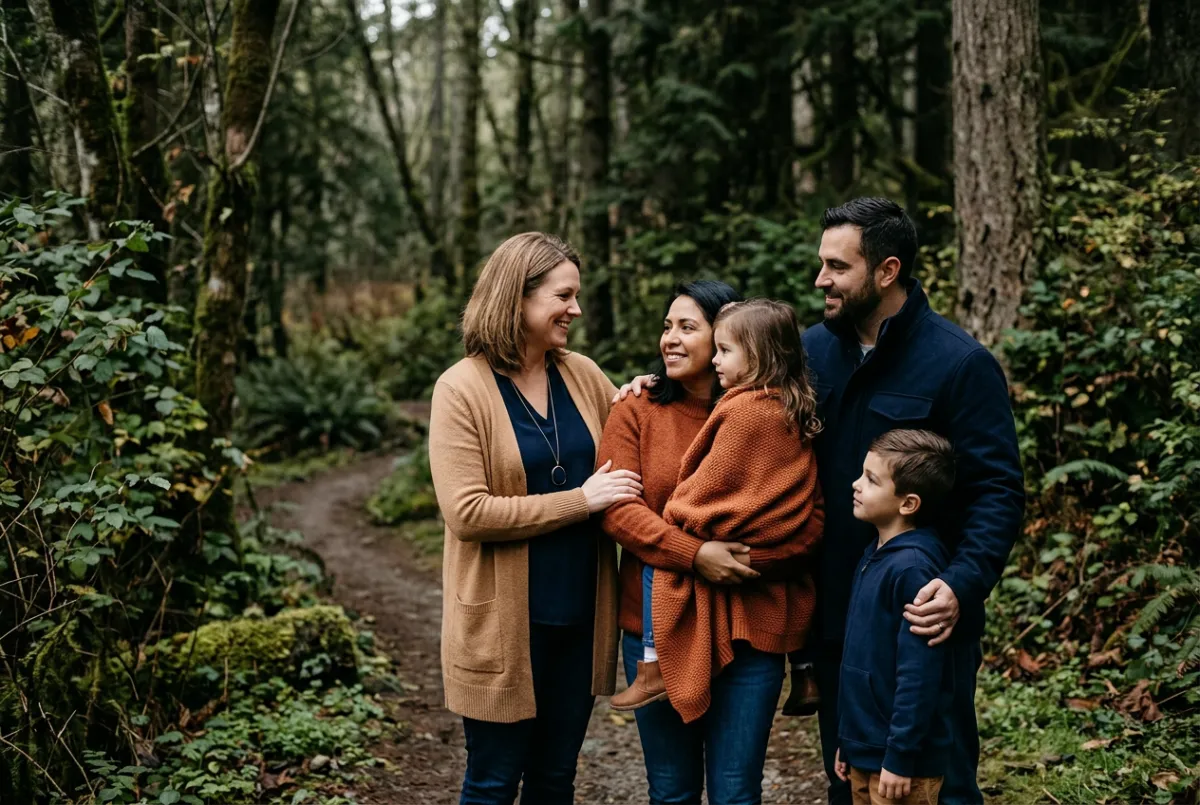Loving family smiling together in natural sunlight as part of an advocacy healing tribute