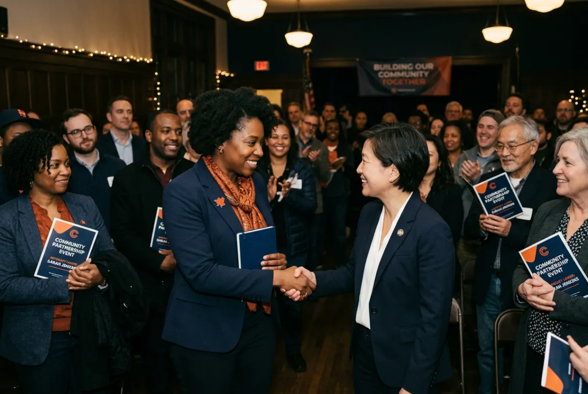 Lisa speaking at an uplifting community advocacy event with warm and engaged attendees