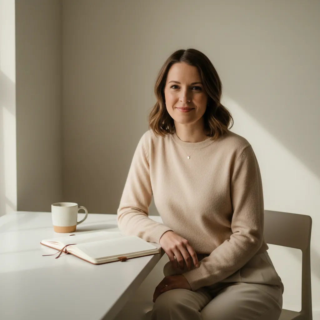 Founder of Money Confident Mums smiling at a desk with notebook and coffee