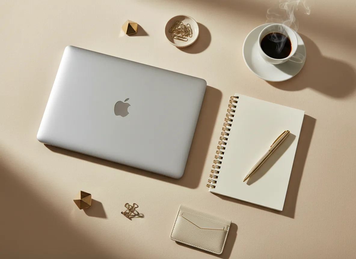 Elegant neutral desk flatlay with notebook, coffee and laptop