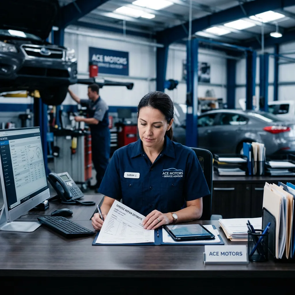 Professional automotive service advisor reviewing repair estimates at a clean front counter with service bays in background